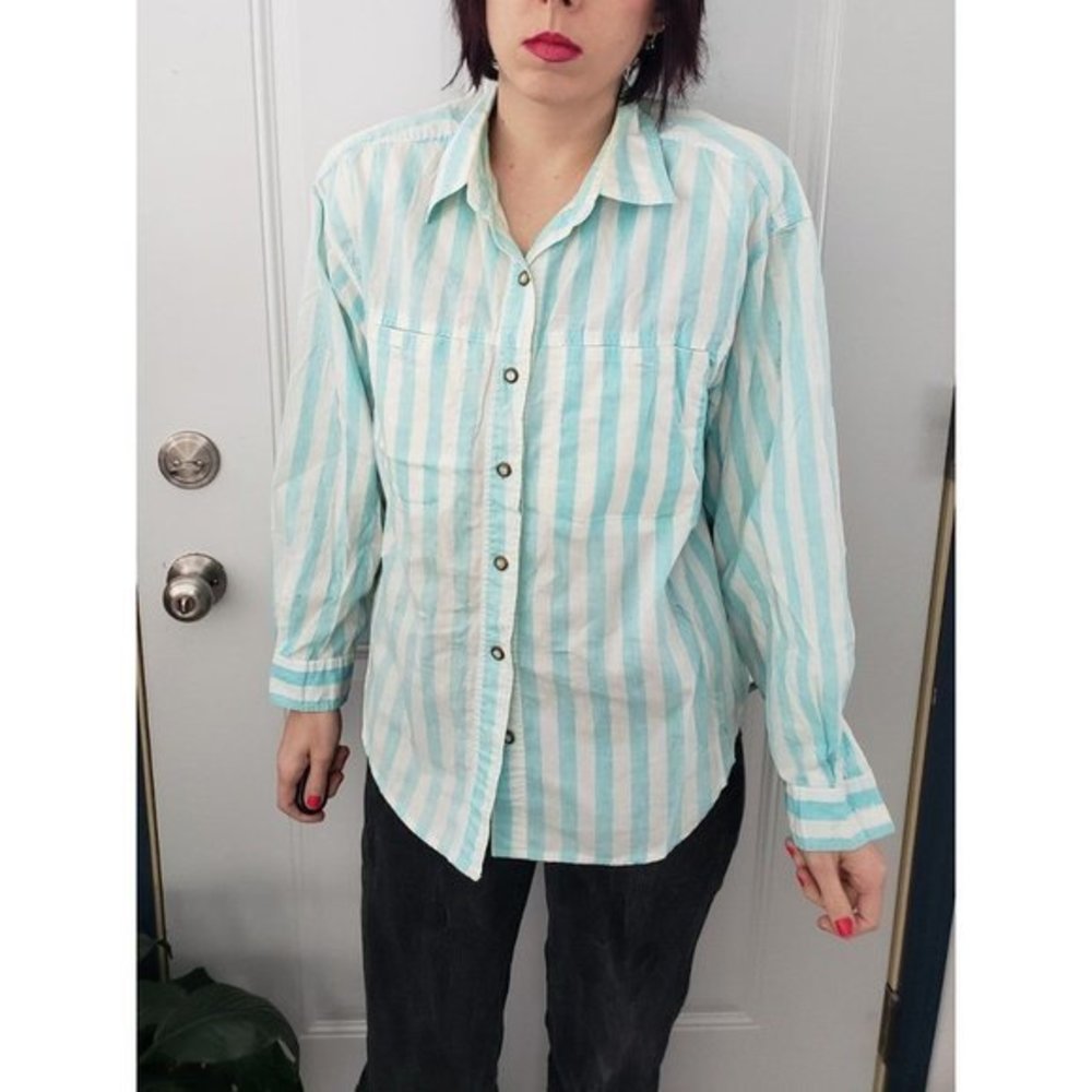 Vintage 80s Blue and White Striped Button Down